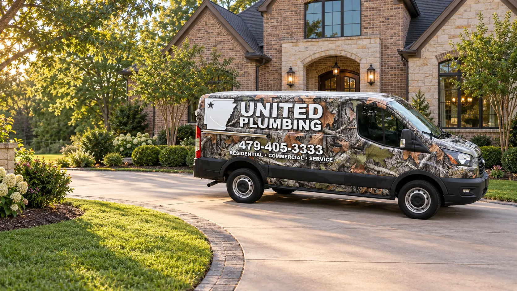 United Plumbing camo-wrapped service van parked in a circular driveway