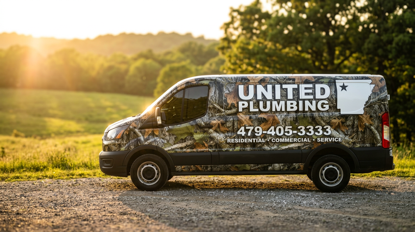 United Plumbing crew posing in front of camo-wrapped service trucks
