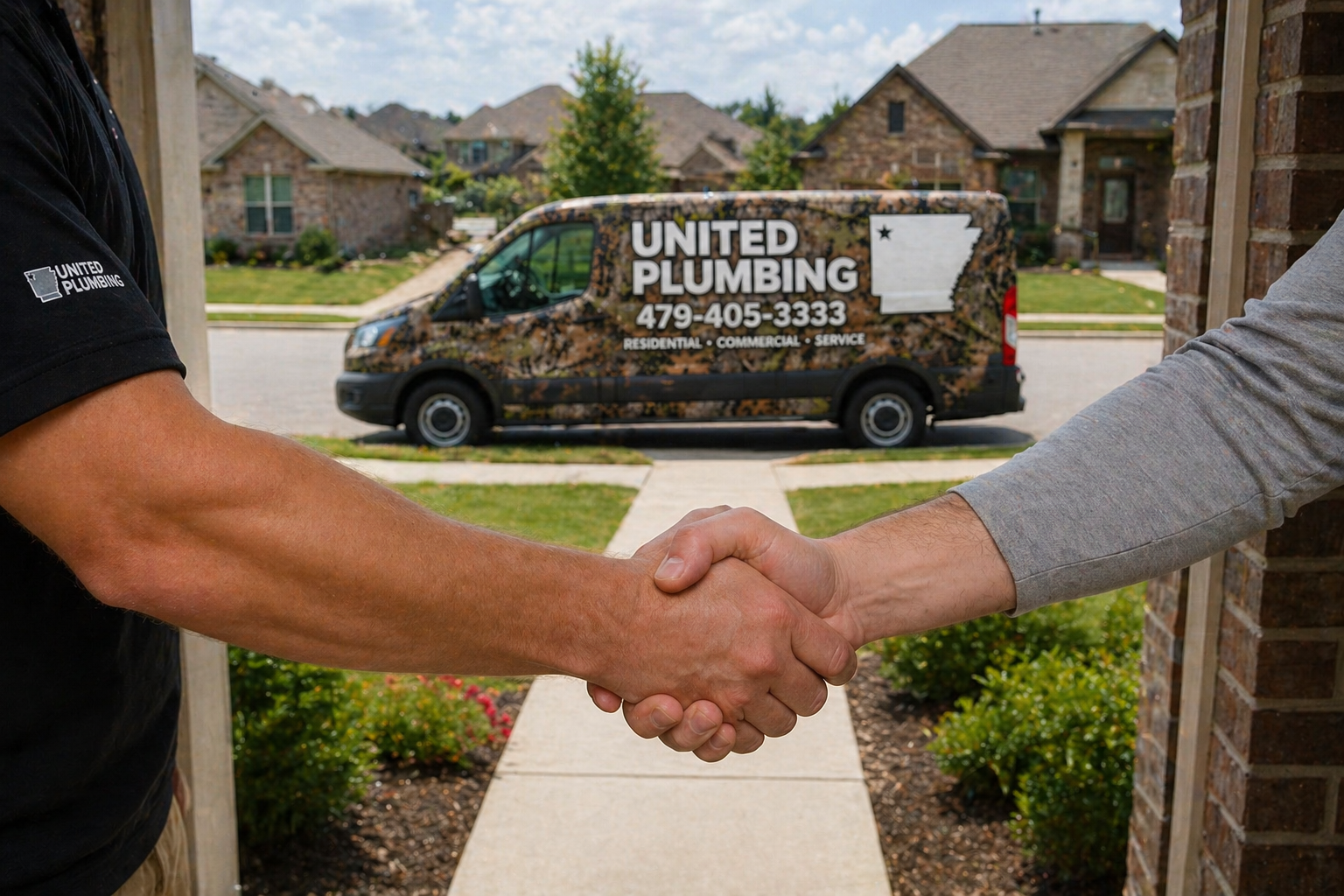United Plumbing crew posing in front of camo-wrapped service trucks